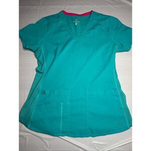 Med Couture Touch Short Sleeve Teal V-Neck Scrub Top Size Small